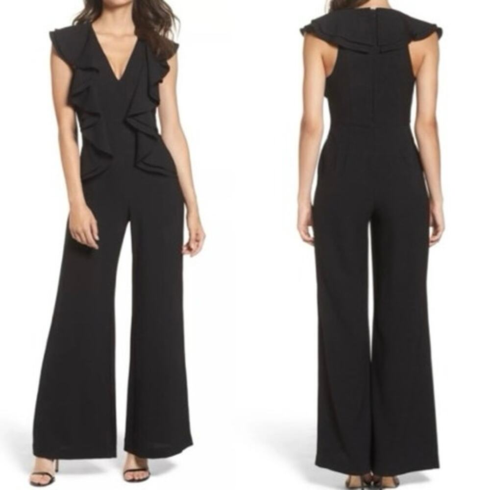 C/MEO Collective Metal Clouds Black Ruffle Sleeveless Jumpsuit Size XS